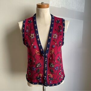 Vintage Erika Knit Sweater Vest Metal Button Embroidered Floral Cotton Red Small
